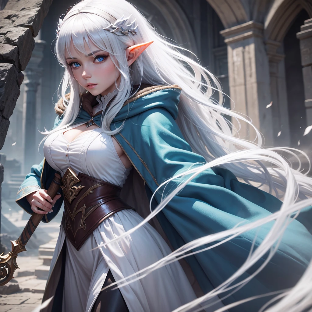 A female elf with white hair, blue eyes, beauty face, white skin. Wearing expensive cloak and ancient wand. Her hair cover one of her eyes and sleepy eyes.