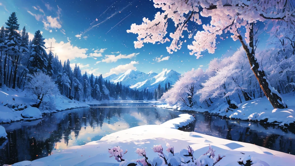 ((Logo、masterpiece、8K、On the table、RAW photos、wonderful、最high quality、フォトrealでVery detailedなCG統合8K壁紙、high quality、Very detailed、Narrative Poems、Particle Effects、dynamic effect、Character border depth、light、lens flare、Ray Tracing、On the table、real:1.4、Ultra-high resolution:1.2、real、real))、fantasy、night、wind、dark、雪とFrost、Cold winter days、Snow Mountainや森、Frost、Snow Mountain々、Frost树的美丽与光辉、Quiet and beautiful grassland in the world of ice and snow、Vast land、Lakeside、wonderful景色、美しい自然のwind景、night空、wind、Cherry blossoms、Cherry blossoms花びら舞っている、Cherry blossoms吹雪、Falling Flowers