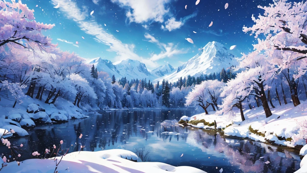 ((Logo、masterpiece、8K、On the table、RAW photos、wonderful、最high quality、フォトrealでVery detailedなCG統合8K壁紙、high quality、Very detailed、Narrative Poems、Particle Effects、dynamic effect、Character border depth、light、lens flare、Ray Tracing、On the table、real:1.4、Ultra-high resolution:1.2、real、real))、fantasy、night、wind、dark、雪とFrost、Cold winter days、Snow Mountainや森、Frost、Snow Mountain々、Frost树的美丽与光辉、Quiet and beautiful grassland in the world of ice and snow、Vast land、Lakeside、wonderful景色、美しい自然のwind景、night空、wind、Cherry blossoms、Cherry blossoms花びら舞っている、Cherry blossoms吹雪、Falling Flowers
