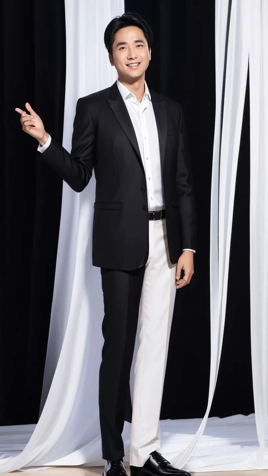 35-year-old man, Soft headlights,High-density imaging,((Slim face)),((Black suit)),((White shirt)),((Various dynamic poses)),((Full body image)),((Smile)),((Background is white curtain)),best quality,masterpiece,(Soft colors:1.2)