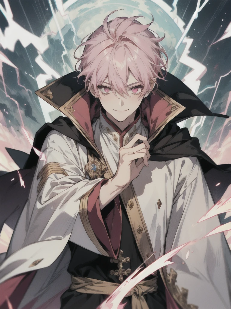 Masterpiece, absurdres, fine detail, HDR, solo, looking at viewer, smile, shirt, pink hair, 1boy, hair between eyes, pink eyes, upper body, male focus, FH , lightning mage, toned, lightning mage robe, electrical aura, early 20s,