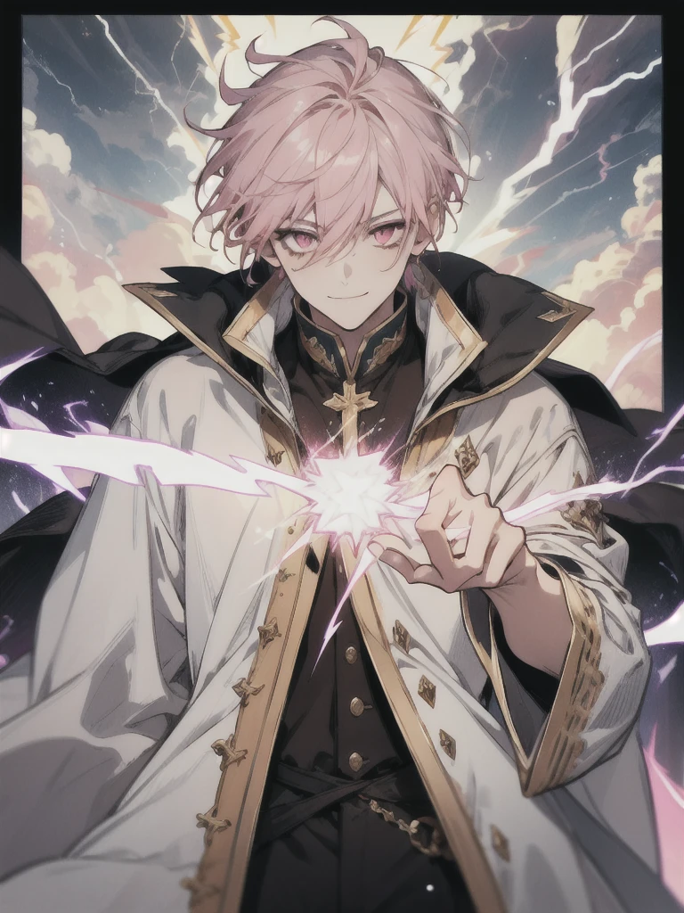 Masterpiece, absurdres, fine detail, HDR, solo, looking at viewer, smile, shirt, pink hair, 1boy, hair between eyes, pink eyes, upper body, male focus, FH , lightning mage, toned, lightning mage robe, electrical aura, early 20s,