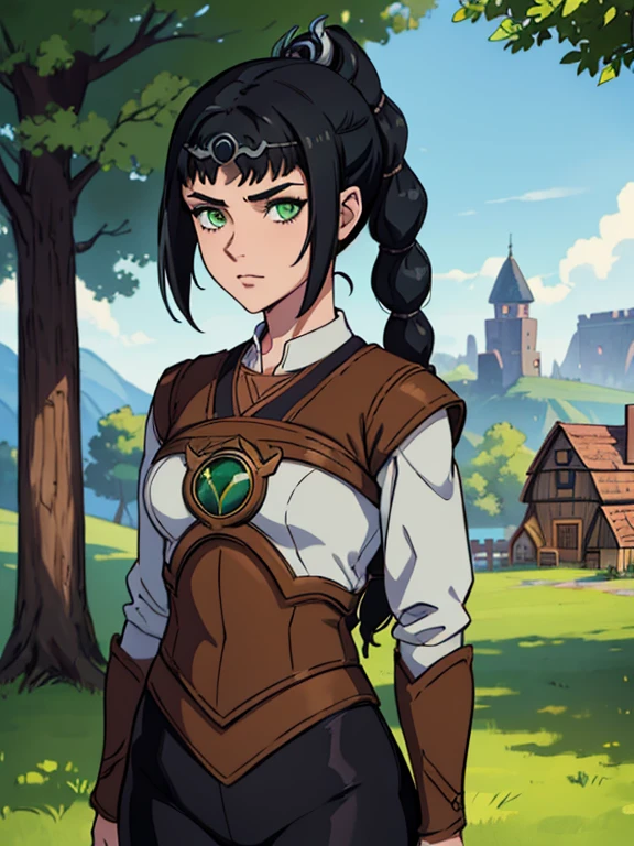 (masterpiece, best quality), 1girl, shadowheart, black hair, braided ponytail, green eyes, circlet, black pants, closeup, sketch, looking at viewer, ((green eyes)),(fantasy village on background),