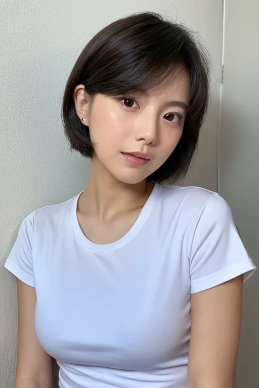 30-year-old woman, Very short hair, Face without makeup, Silky white skin, sexy, Narrow waist, Navy blue T-shirt, White wall in the background