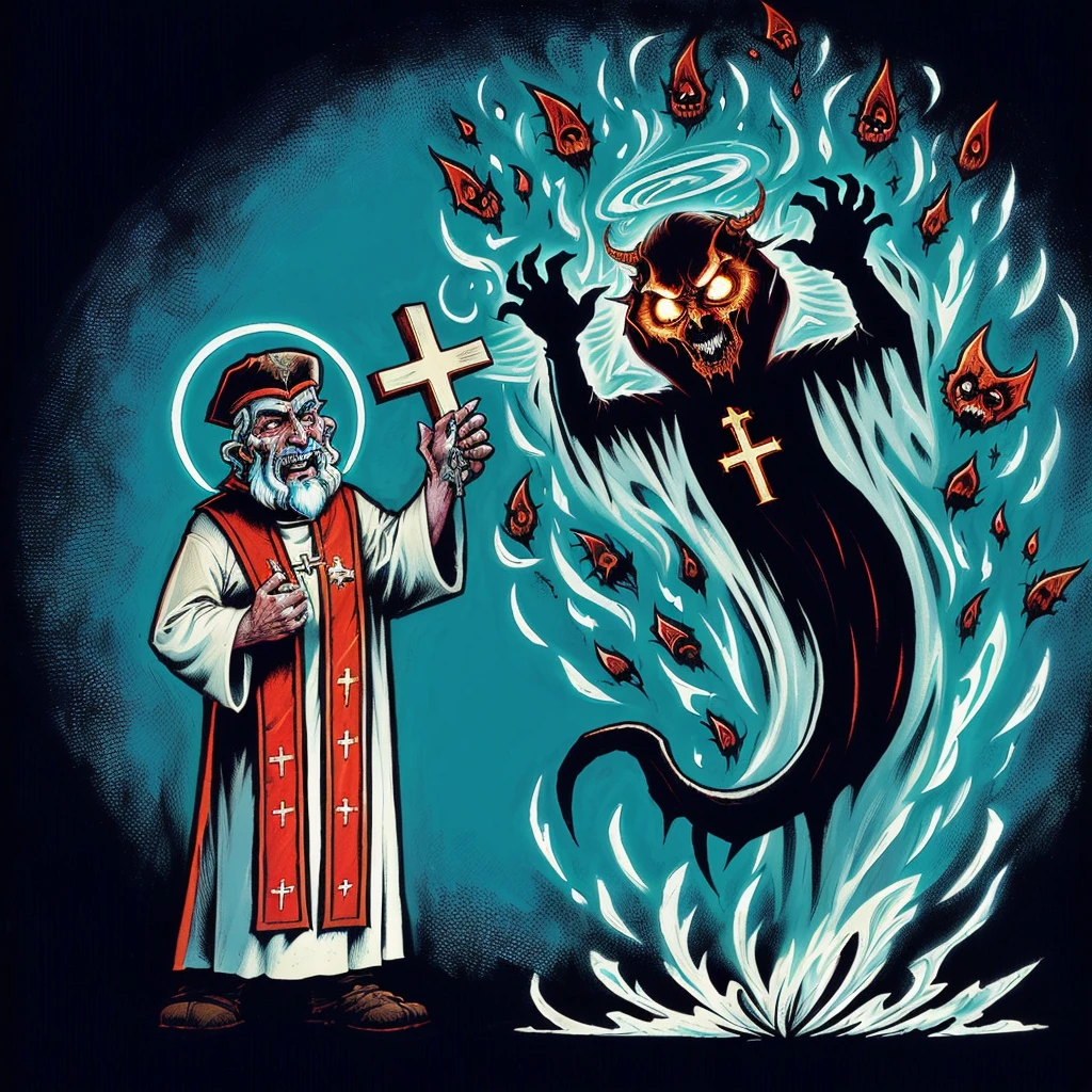 a cartoon of a man holding a cross and a demon, an evil catholic priest, conjuring a demon, by Justin Gerard, ghost of the fire spirit, el bosco and dan mumford, scary ghost, by Brian Fies, eerie and grim art style, evil baptism, alfredo and the afterlife, forbidding spirit!!, holy fire spell art, nightmarish illustration
