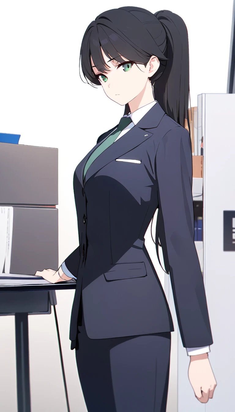 (masterpiece, high quality, best quality, highres,) One Woman, young, black hair, ponytail, Green Eyes, Athletic build, expressionless, closed mouth, office staff suit, Simple white background, standing, cowboy shot, (from the front)