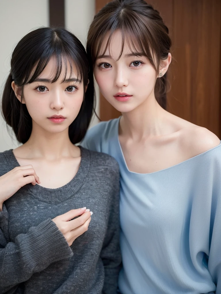 (Masterpiece:1.3), (8k, photorealistic, Raw photography, Superior image quality: 1.5), Girls from Japan、(Random Hairstyles:1.2)、Mom's Scots:1.2、Super Detail Face、eye for detail、double eyelid、Gather your chest、sharp focus:1.2、Pretty Woman:1.4、brown light hair、highest qualityr、Masterpiece、超A high resolution、(photorealistic:1.4)、Highly detailed and professional lighting smile、Loose and light knitwear、shoulder out、slender、severe facial expression、long-haired、Average breast position, with a sensuous look, make it sexy, sexy outfit, daring