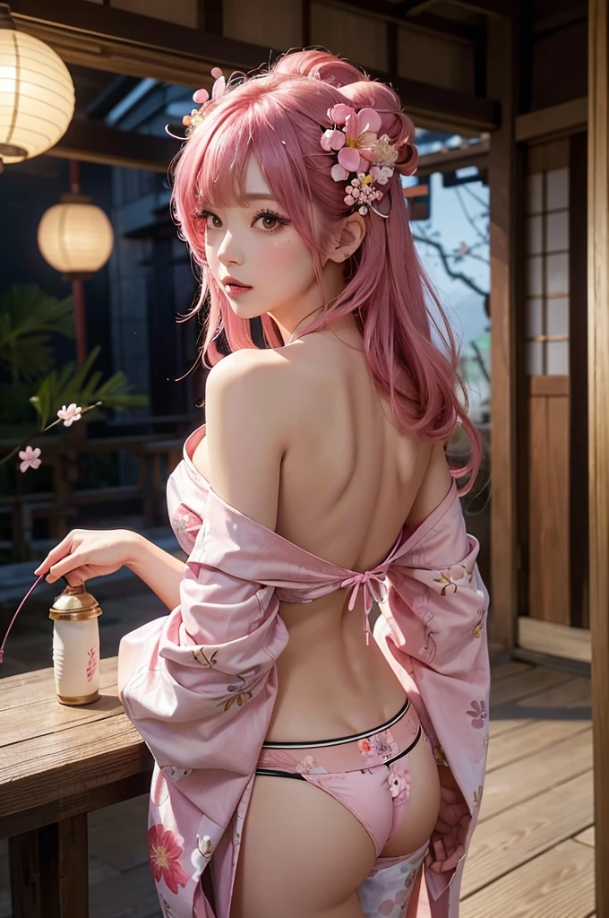 japanese clothes, 1girl, ass, pink hair, kimono, floral print, underwear, solo, long hair, panties, hair ornament, flower, bare shoulders, breasts, off shoulder, lantern, hair flower, lips, looking at viewer, looking back, bangs, indoors, makeup, pink kimono, eyelashes, lipstick, thong, obi