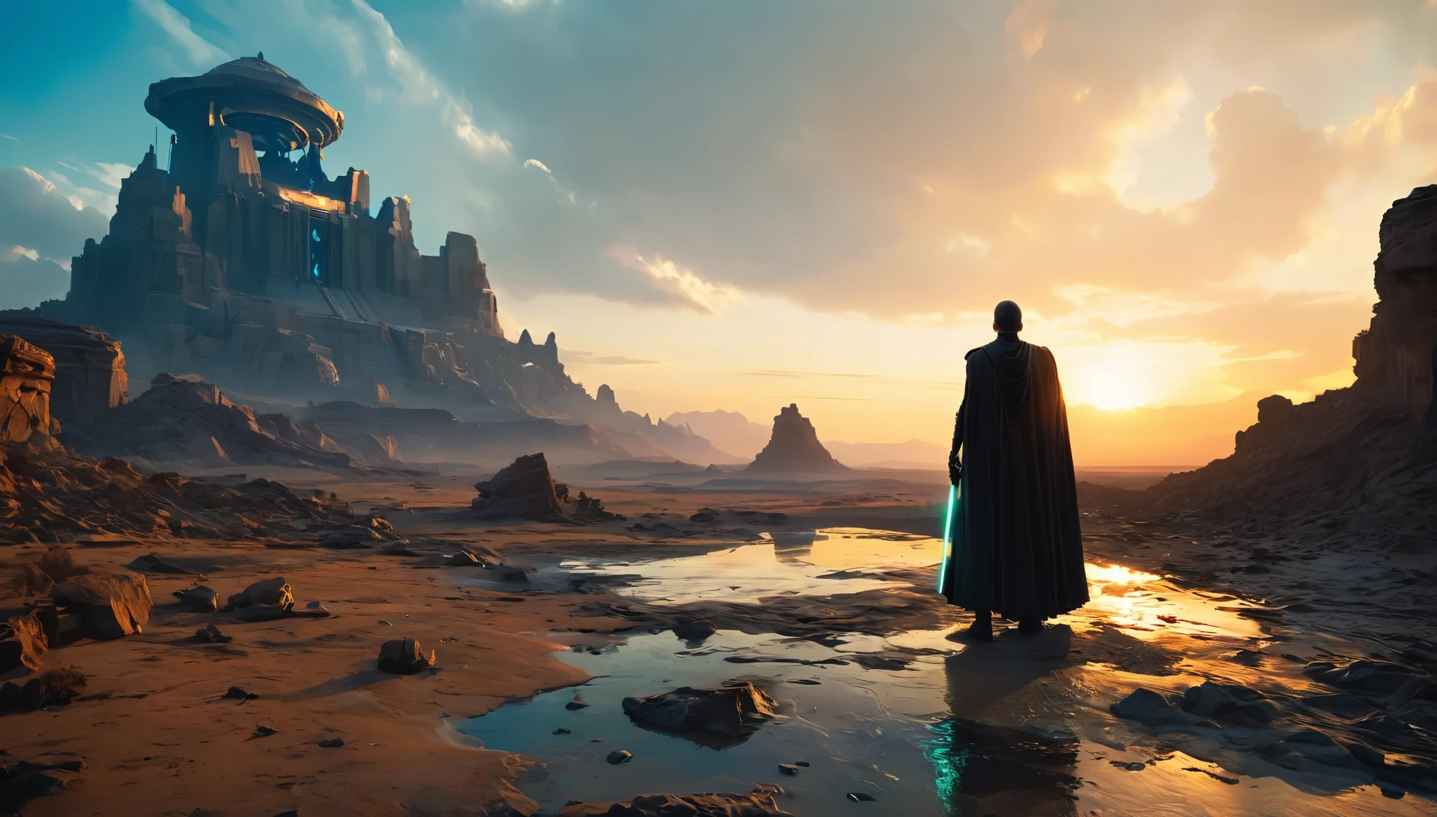 View a vast desert landscape bathed in golden twilight, evoking the iconic Star Wars look. In the center of the scene, a Jedi in a flowing cape stands silhouetted against the orange sky, your glowing blue lightsaber in your hand, pronto para enfrentar qualquer desafio. The ruins of an ancient civilization rise majestically in the background, and the remains of a fallen AT-AT adorn the landscape. The atmosphere is charged with expectation, as if an epic battle was about to begin.hyper realistic composition,32k resolution,cinematic composition,cinematic color grading.photography whit Phaseone 85mm,depth of field.pantones #CEDBE1#D3B9AO#73503C#A6826D#261B17