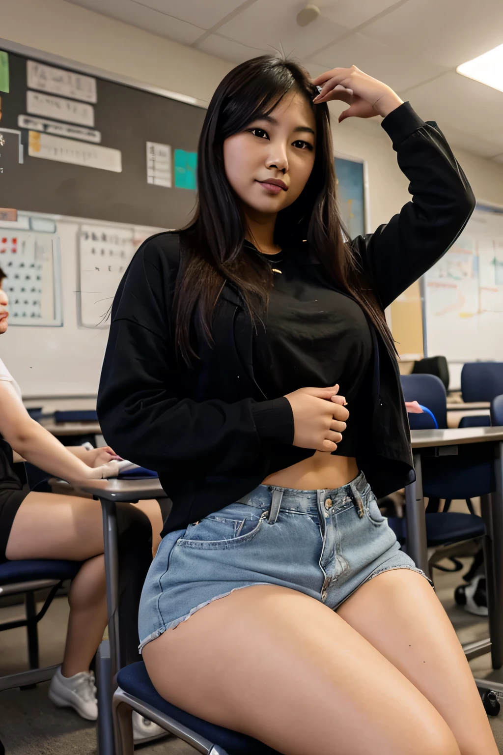 Asian Girl sitting in class, masturbating in class, thick thighs, hand in her pants, hands in her pants, touching vagina, goth 
