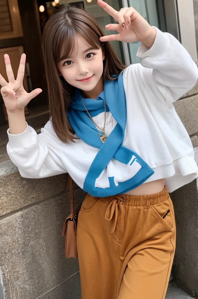 cute 　２４age　woman　peace sign　Brown Hair