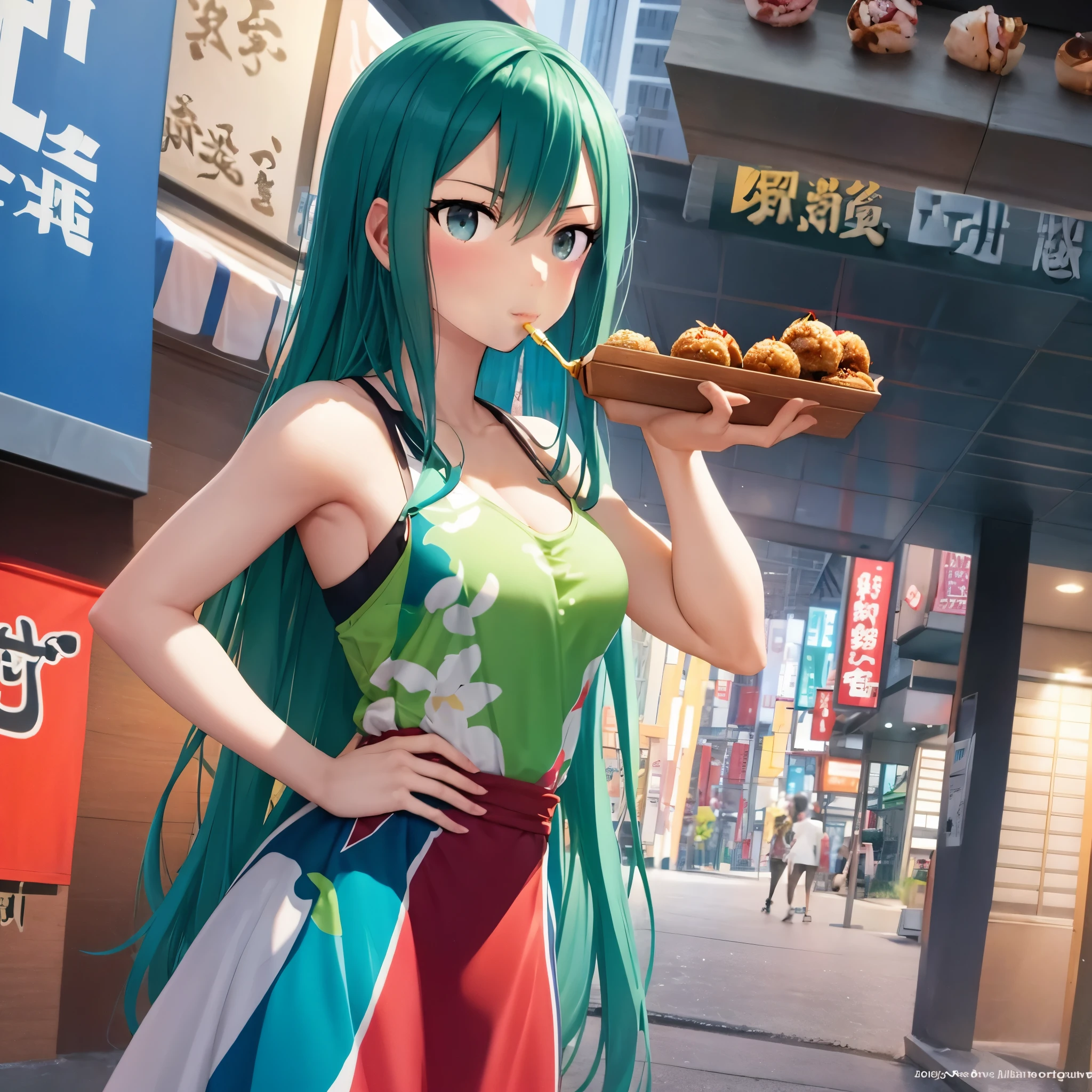 Create a sexy girl with long, flowing blue red and alluring green or amethyst eyes. Dress theme Athletic prep, currently in Tokyo Japan,  Eating takoyaki.