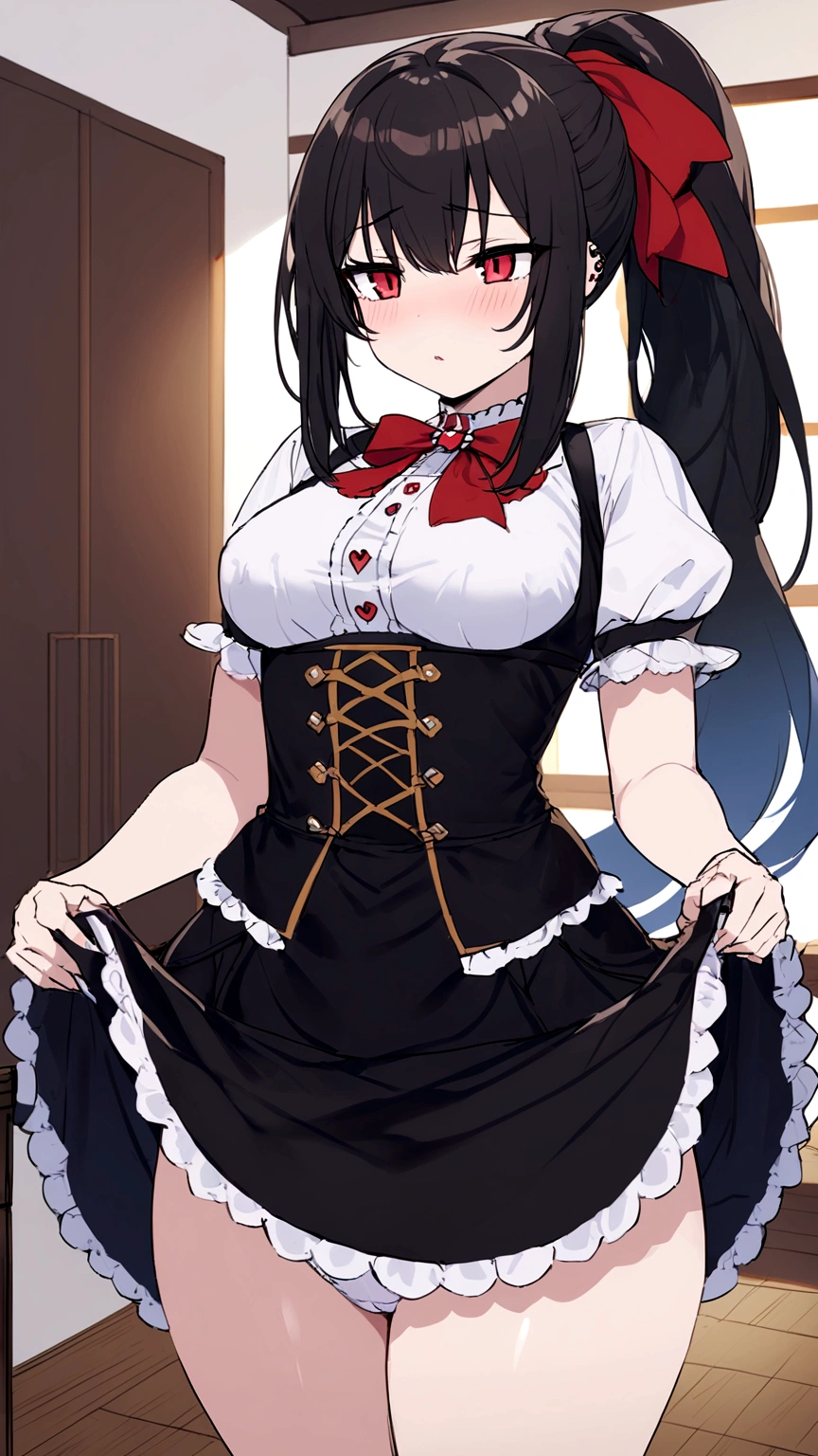 adult, wavy black hair, piercing look with deep red eyes, average stature, Silky hair with a ponytail hairstyle collected with a red bow with two white lines, she has medium breasts, foreground, session, standing in the middle of his room [[[Evil laugh]]] , blushing, big thighs, black skirt, A white blouse, NSFW, white underwear, lifting her skirt to show her panties to the camera, lifting her skirt to show her panties, grabbing the skirt with both hands to lift it up, showing panties, white underwear, raised skirt 