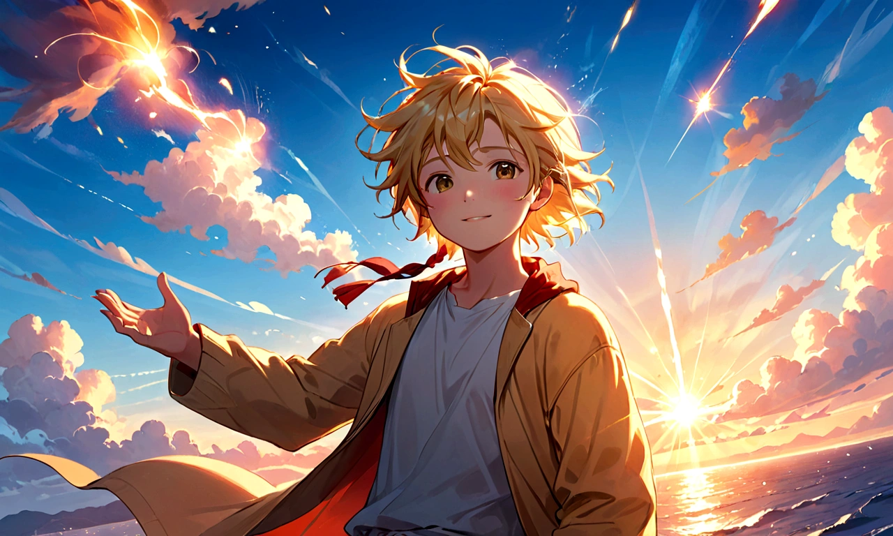Nice girl images., masterpiece, Better Quality, Movie stills, 20 years, Cloud Boy, Floating in the sky, close, bright, Happy, Soft lighting and warmth, Sunset, (spark: 0,7), The Power of Light, blonde, Beige clothes. Image size 5:3