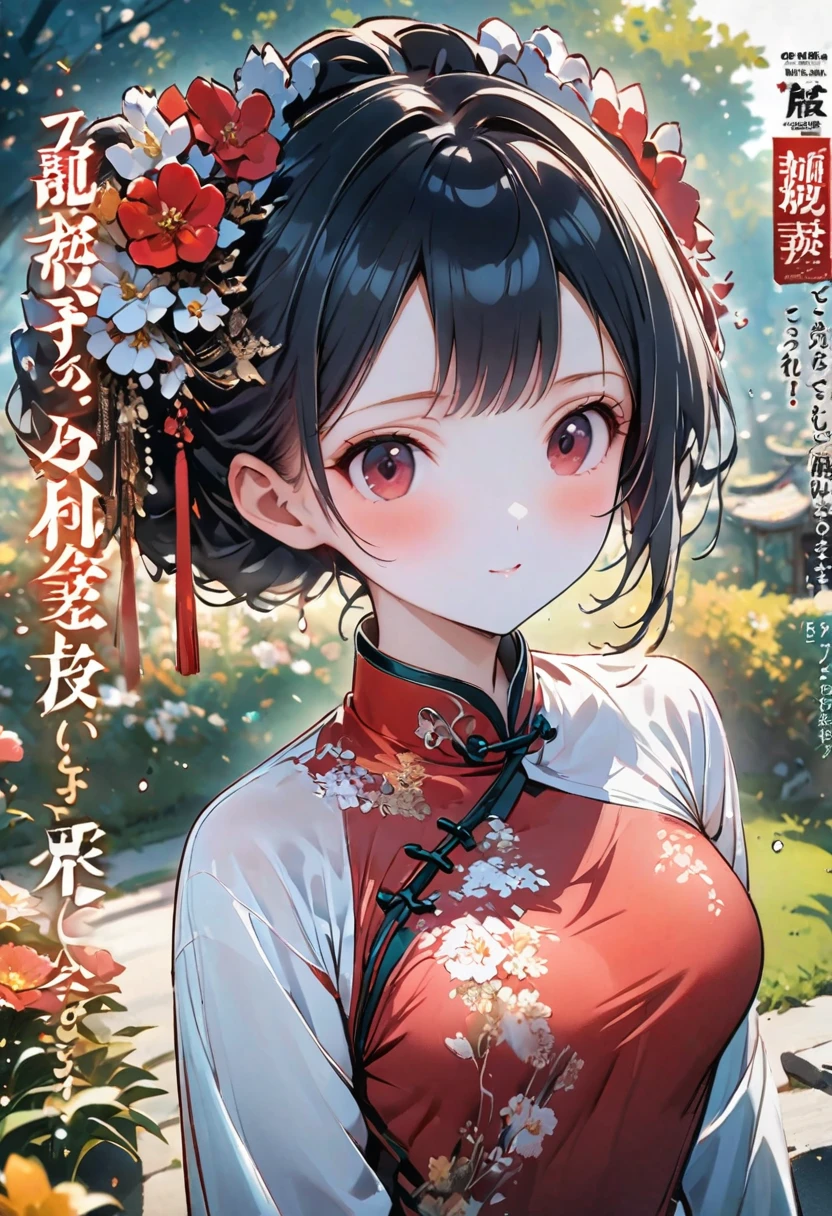 Magazine cover(masterpiece, best quality:1.2),woman，（（（The eyes are delicate）））Flowers flying（（Red cheongsam））garden，（8K）（HD）