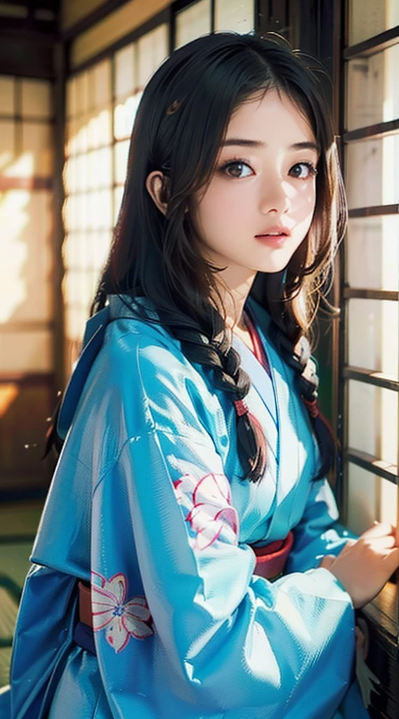 (Realistic)、(Realistic:1.2)、(High resolution)、Very detailed、Very beautiful face and eyes、1 girl、Delicate body、(highest quality、Attention to detail、Rich skin detail)、(highest quality、8k、Oil paint:1.2)、Very detailed、(Realistic、Realistic:1.37)、Bright colors、Full Body Shot,black_hair, Beautiful 8k eyes,Looking_in_Audience,One person in,Are standing,((Very beautiful woman, Fuller lips, Japanese pintern kimono))、((Colorful Japanese kimono)))、(((blackhair)))、(((Blunt bung，long straight hair)))、((( Inside an old Japanese house with a (short focus :1.4),)))、(masterpiece, highest quality, highest quality, Official Art, beautifully、aesthetic:1.2),(Fractal Art:1.3),Sengoku period、Greg Rutkowski Written by Alphonse Mucha Ropp,short ,uchikake,nishijin ori,(realistic light and shadow), (real and delicate background),(muted colors, dim colors, soothing tones:1.3), low saturation, (hyperdetailed:1.2), (????:0.4),drow,blurry_light_background, (vibrant color:1.2), cinematic lighting, ambient lighting,Single Shot,Shallow Focus,pink lip,blurry light background,