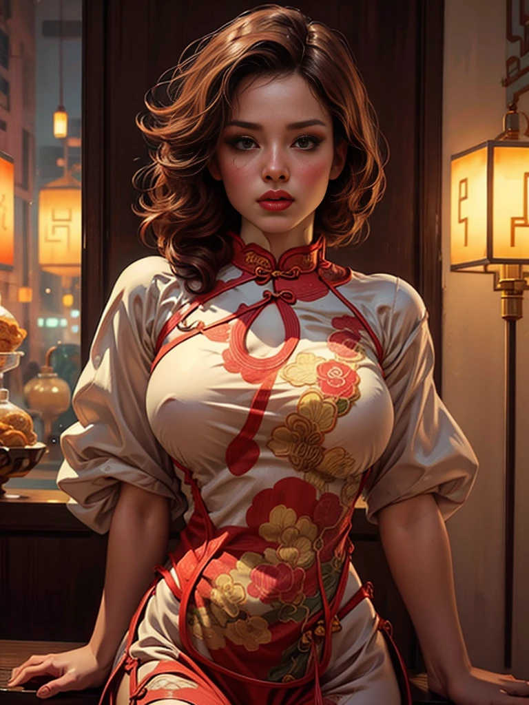 Half-length portrait:1.3,Wearing(Tight cheongsam:1.7)Beautiful woman,Ideal proportions,Full breasts,Slim waist,Plump buttocks,White skin,Surrounded by accessories,In a crowded Chinese restaurant,(Best quality,4K,8K,high resolution,masterpiece:1.2),Ultra Detailed,(lifelike,照片般lifelike,照片般lifelike:1.37),Delicate eyes,Delicate lips,Extremely detailed face,Long eyelashes,Intricate details,Gorgeous accessories,Gorgeous decoration,Warm Lights,Vibrant colors,Dramatic lighting,Atmospheric,Movie-like,Award-winning photography