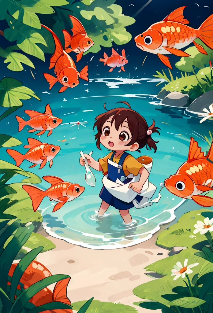 A flyer for a local children's summer festival event。
Small scale。
Goldfish scooping and food stalls、Children and adults gather for Bon Odori and other events.。
A cute picture book-style drawing。