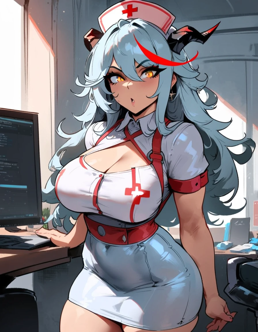 1girl, aegir \(azur lane\), azur lane \\\\\ masterpiece, best quality, very aesthetic, absurdres, newest \\\\\\ sportive body, \\\\\\ by nyantcha,,by cutesexyrobutts,by khyle ///// silvery white hair with a single prominent red streak, black horns, yellow eyes, , hospital background, (nurse outfit:1.2), skirt, standing, pencil skirt, nurse cap