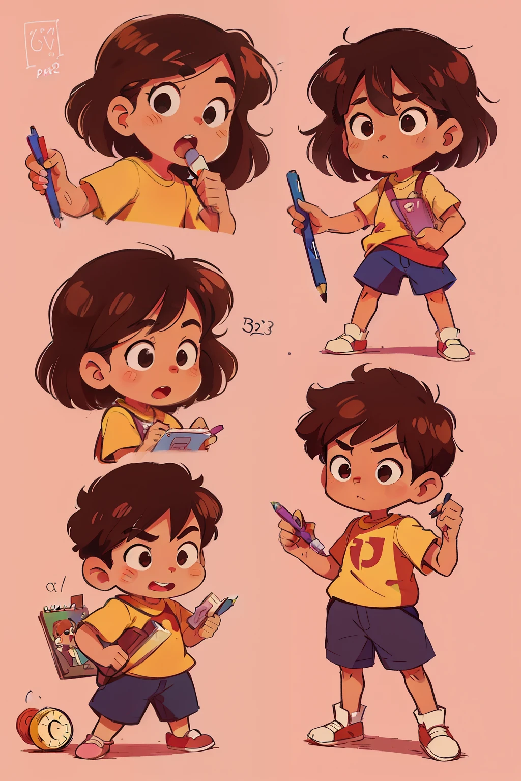 Two Cartoon Characters, Two Caricature Characters, Pens in Hand, Penctors in Hands, Child-friendly, For Boys and Girls, Above the Image are written "Summary of Math Olympiad Key Points for 2nd and 3rd Forms", and the image is in warm colors, Image Size 2.35:1, Dimensions of Drawing 2.35:1, Multiple Poses and Expressions, same person, Full Size Illustration, 2 character, brown skin