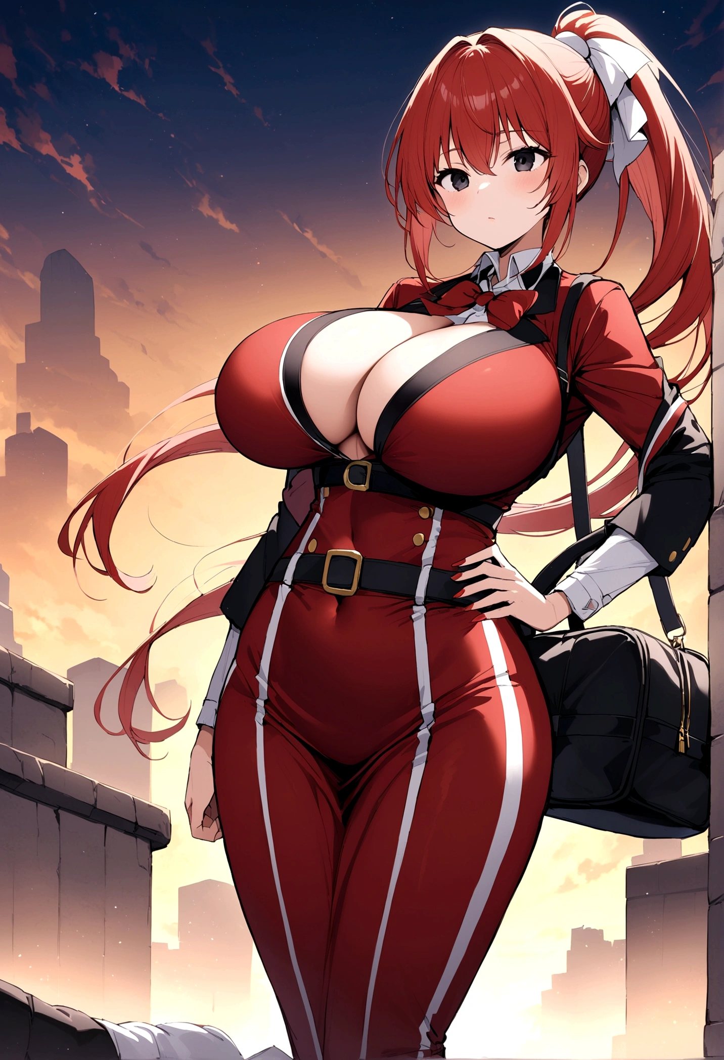 My name is Hikaru, I am a white test woman with long red hair and black eyes. I am 1.60cm tall and weigh 46kg. My breast sizes are 300 cm, my waist is 60 cm and my hips are 200 cm. Dressed in a tight, low-cut red dress with her hair tied in a ponytail and a black bag.. With big breasts 300 cm