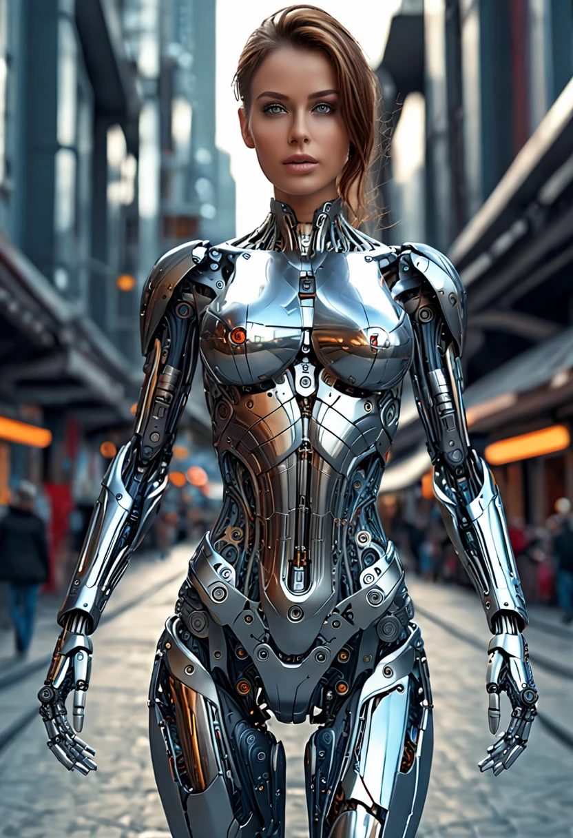 a beautiful woman-robot standing in a futuristic city backdrop, detailed intricate mechanical parts seamlessly blended with a slender, graceful humanoid form, magnificent anatomy and physique, 1/2 body crop, (best quality, 4k, 8k, highres, masterpiece:1.2), ultra-detailed,(realistic, photorealistic, photo-realistic:1.37), HDR, (intricate details:1.12), (intricate details, hyper-detailing:1.15), (natural skin textures, hyper realisitc, soft light, Sharp:1.2)