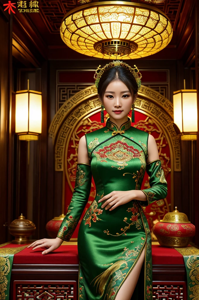 an alien creature,intricate cheongsam dress,asian royal room,green skin,barely humanoid,extremely detailed,photorealistic,ultra-detailed,masterpiece,8k,award winning art,dramatic lighting,ornate decor,ancient artifacts,opulent furnishings,silk embroidery,traditional chinese architecture