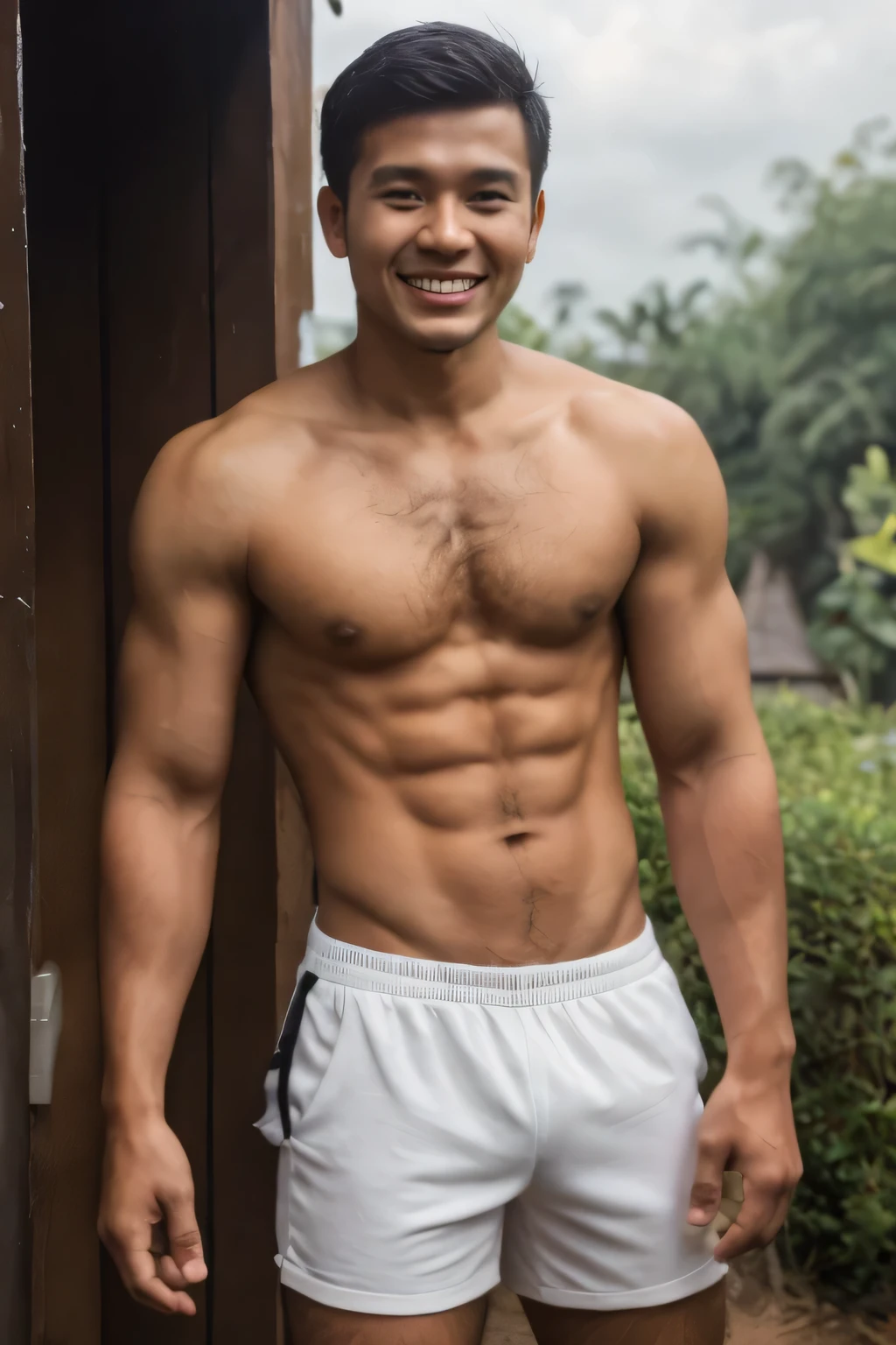 Indonesian guy, (((hairy))), slim muscular, smlie, short trunks