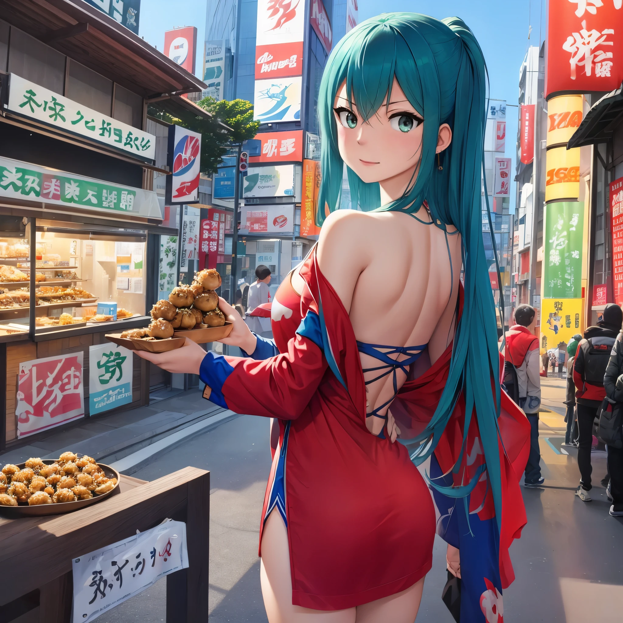 Create a sexy girl with long, flowing blue red and alluring green or amethyst eyes. Dress theme Athletic prep, currently in Tokyo Japan,  Eating takoyaki.