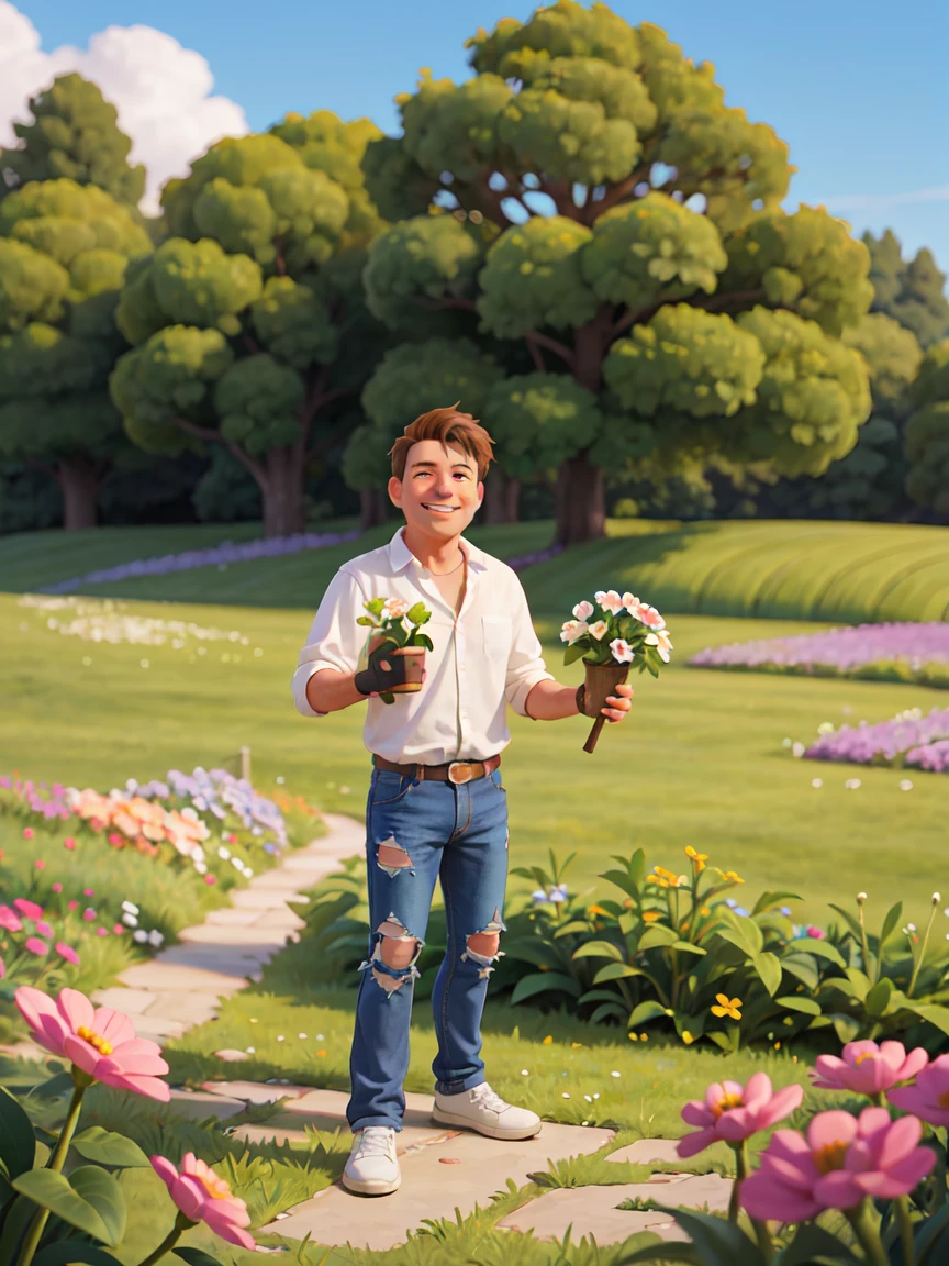 A middle-aged man，Normal proportion，Face the lens，Holding a flower pot in hand， Brown short hair，White shirt，Ripped jeans，Standing on a meadow full of flowers，Sunshine on the face，Happy smile, bright，Bright green，Medium shot，Studio Gippley style，Miyazaki style，2.5D，Game texture，lifelike