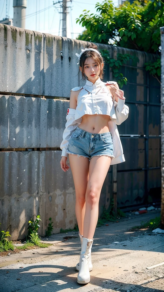 masterpiece,highest quality,High resolution,Full Body View,White jacket,Red innerwear,Belly button,Belted denim mini shorts,The heroine in white cowboy boots,Perfect Legs,Perfect Skin,Perfect Arms,Abdominal muscles,The background is an abandoned factory, short hair, naked portrait, nude photography, shiny nipple, show armpit