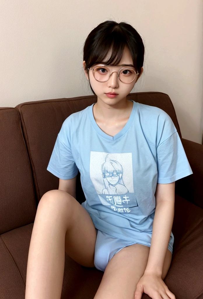 Japanese girl、Wearing round glasses、Light blue underwear、Shortcuts、With legs apart、Sit on the sofa、cute、22 years old、Wearing a T-shirt、4K、live-action、university student、Mature