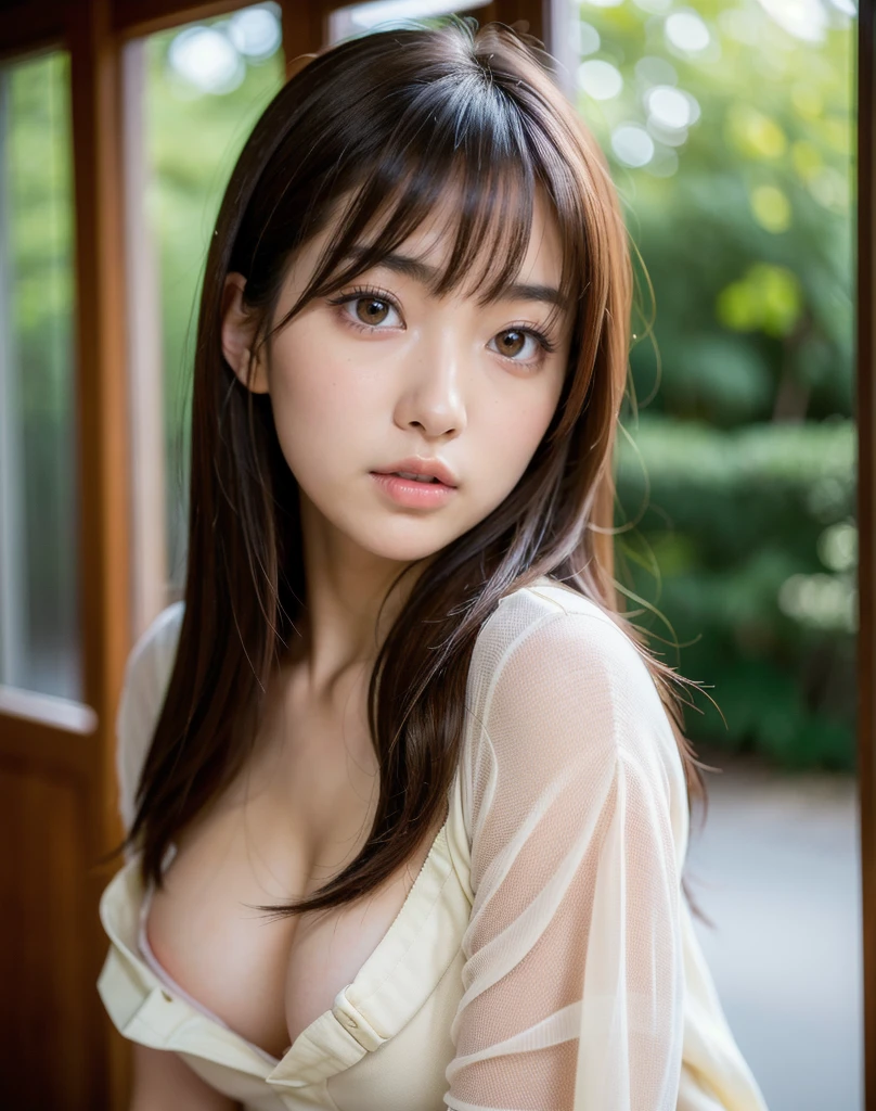 best quality, face focus, soft light, ultra high res, (photorealistic:1.4), RAW photo,
1japanese girl, solo, cute, (pupil, lights in the eyes),  detailed beautiful face, (small chest),(high resolution detail of human skin texture),
(long hair),
indoor,
Damask Shirt Dress,
(portrait), nsfw, sexy