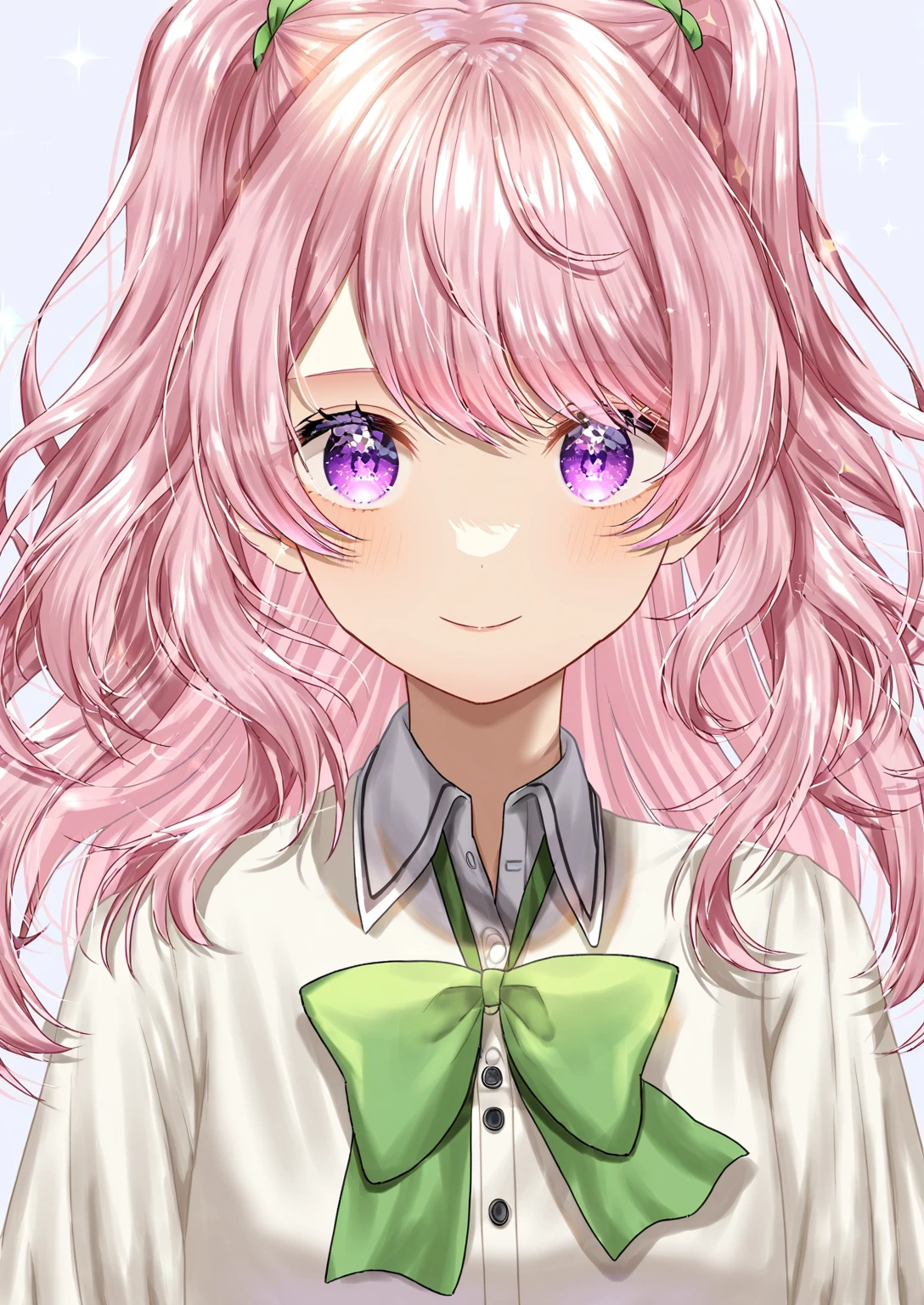 An ultra-high-definition anime-style illustration featuring a young female character with short, pastel pink hair and large, expressive purple eyes. She is smiling gently and wearing a with a white blouse, a yellow sleeveless sweater, and a green bow tie. The illustration should be highly detailed, with attention to the texture of her hair and the sparkle in her eyes. The background should be minimalistic to ensure the character stands out. Aim for a quality level similar to top-tier anime productions, such as those by Kyoto Animation or similar studios, ensuring realistic body proportions and avoiding excessively thin depictions.