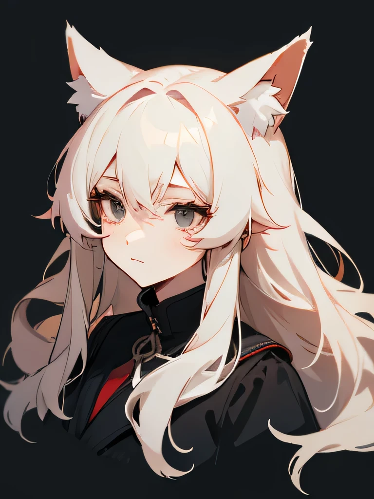 woman Messy red wavy long hair, stunning anime face portrait, looking to nothing, womanly, bland expressionless, black high detailed thin eyes, black eyes, grayard grey background, high detailed shadow, avoid human ears, big red fox ears