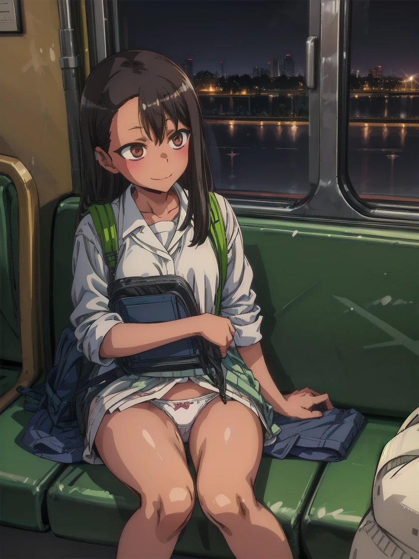 (1) Sitting alone on a long seat in a train,Sit with your legs apart,Showing white panties, Composition from the front,Low - Angle,
(2) I&#39;m a jk, She is wearing a uniform consisting of a miniskirt, sailor suit and loose socks.,
(3) I have medium length brown hair,
(4) The expression is provocative and smirking.,
(5) The location is a long seat on the Yamanote Line at night.,There are no other customers,The view outside the window is the night view of the city