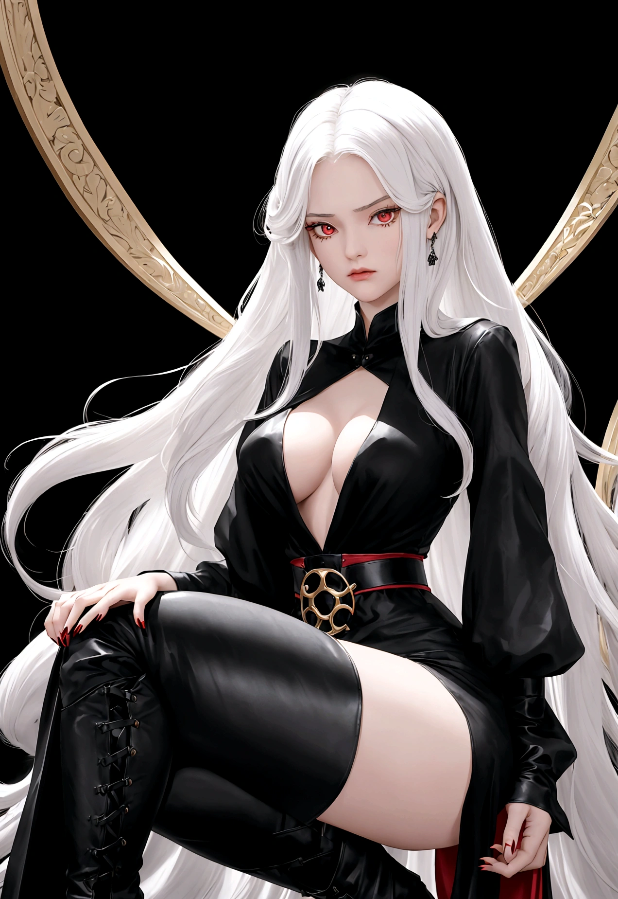 Girl, 20 years old, with long white hair down to below her waist, a serious yet tender expression, and red eyes. Her hair features black streaks. She wears antique-style clothing, a long black dress with a slit on the legs, and high black boots that almost reach her knees. Her power and background are related to shadows and darkness. dark escense, figth stance