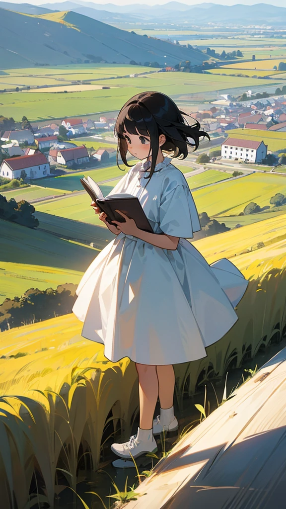 girl 8 years old reading black eyes, rural landscape, white dress, playing, city