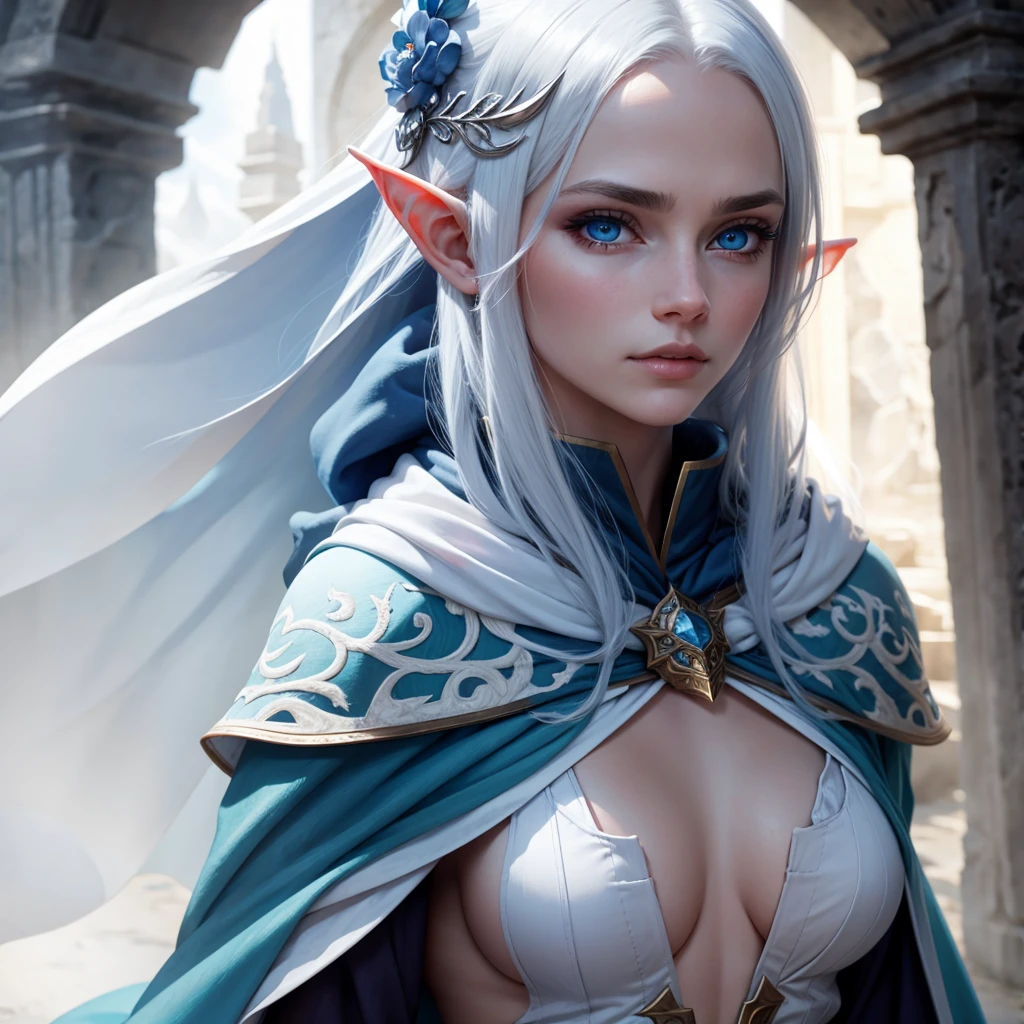 A female elf with white hair, blue eyes, beauty face, white skin. Wearing expensive cloak and ancient wand. Her hair covering one of her eyes and icy gaze.