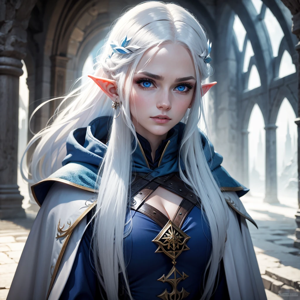 A female elf with white hair, blue eyes, beauty face, white skin. Wearing expensive cloak and ancient wand. Her hair covering one of her eyes and icy gaze.