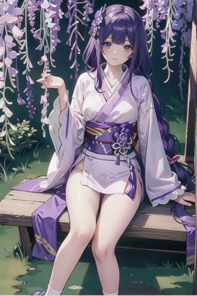 (MP-E, macro, 65mm, f/2.8), ultra realistic,32k,RAW photo,(high detailed skin:1.2), 8k uhd, high quality,1girl, solo,see-through,full body,sitting,Raiden_Ei, (purple hair:1.3),bangs,japanese clothes,solo,light purple kimono,tabi,hair ornament,long hair,logs,long hair,white socks,bare leg,sash,wide sleeves,wisteria, wisteria flower,