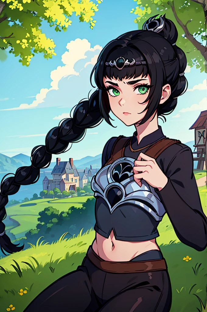 (masterpiece, best quality), 1girl, shadowheart, black hair, braided ponytail, green eyes, circlet, black pants, closeup, sketch, looking at viewer, ((green eyes)),(fantasy village on background),
