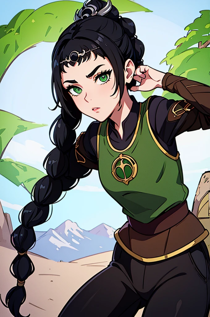 (masterpiece, best quality), 1girl, shadowheart, black hair, braided ponytail, green eyes, circlet, black pants, closeup, sketch, looking at viewer, ((green eyes)),(fantasy village on background),
