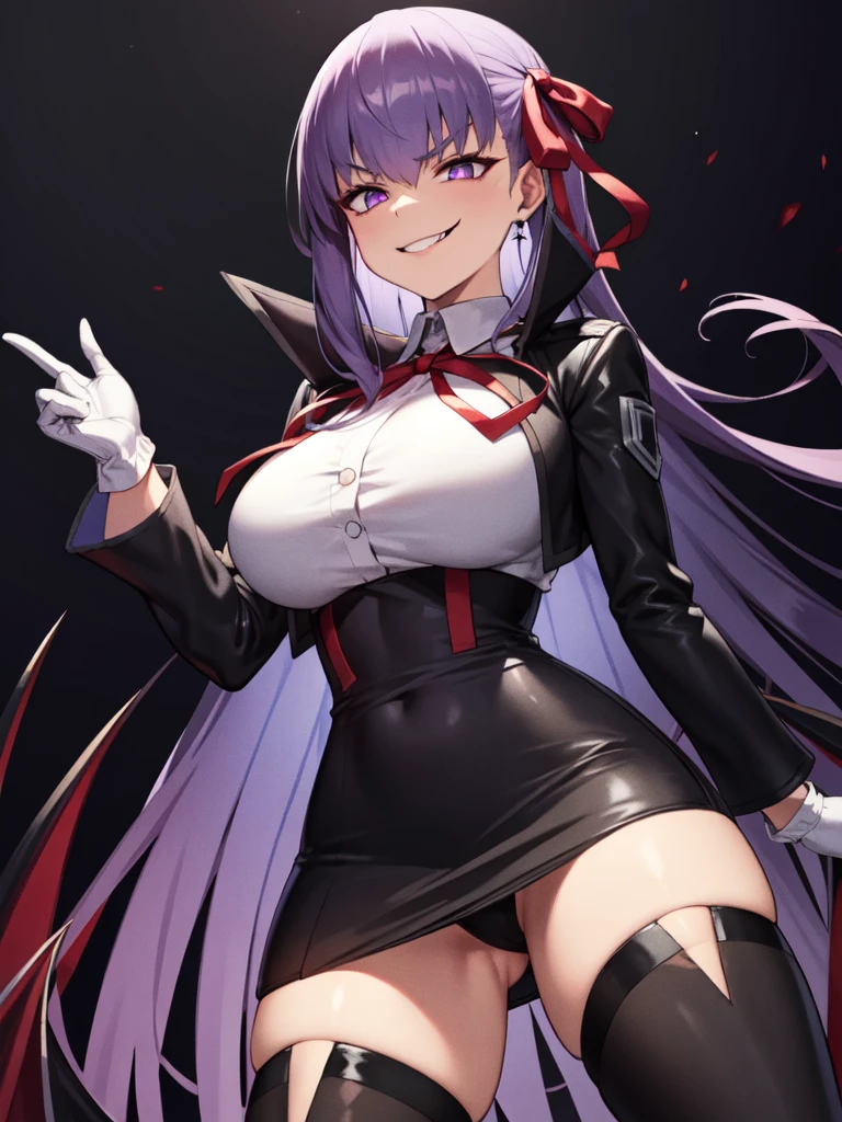 isometric, mid shot, night, ,,, purple hair, black jacket, white shirt, black skirt, red ribbon, big breasts, purple eyes, white gloves, long hair, big collar, evil smile,smirk,thighhigh boots,(evil smile:1.3),Highly detailed CG Unity 8K wallpaper, perfect lighting,laugh at,too evil smile,too evil smirk,looking down at viewer,,smile bad,deep shaded face,too evil fall,dark world background,