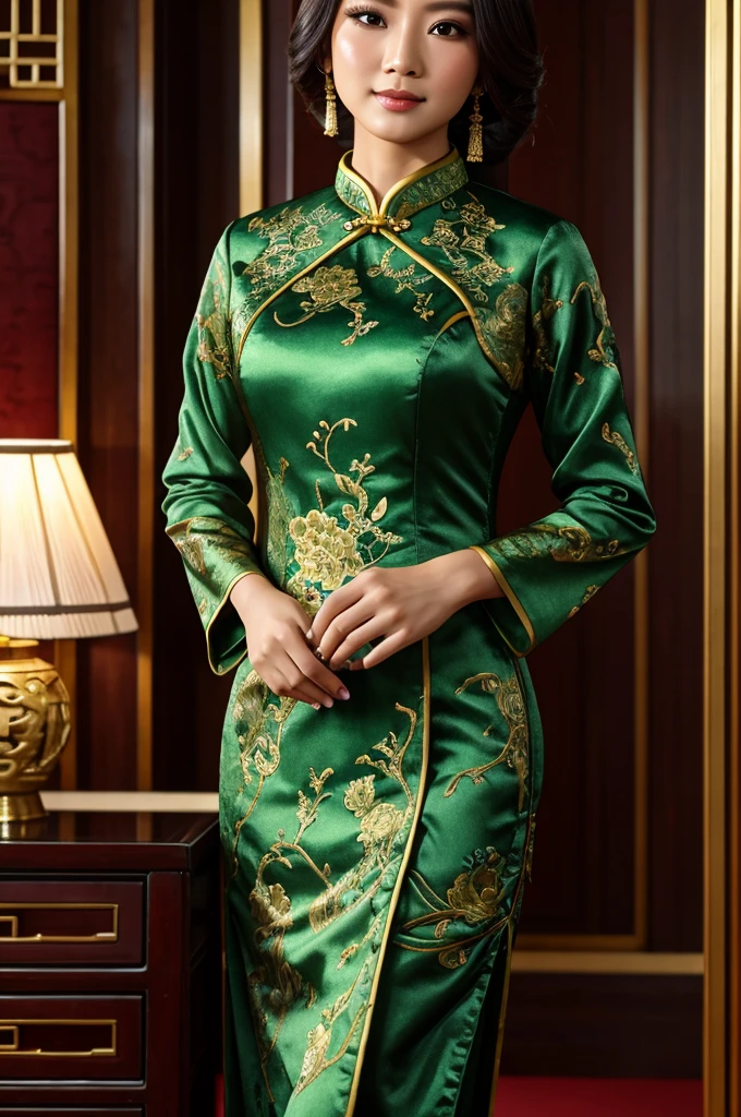 an alien creature,intricate cheongsam dress,asian royal room,green skin,barely humanoid,extremely detailed,photorealistic,ultra-detailed,masterpiece,8k,award winning art,dramatic lighting,ornate decor,ancient artifacts,opulent furnishings,silk embroidery,traditional chinese architecture
