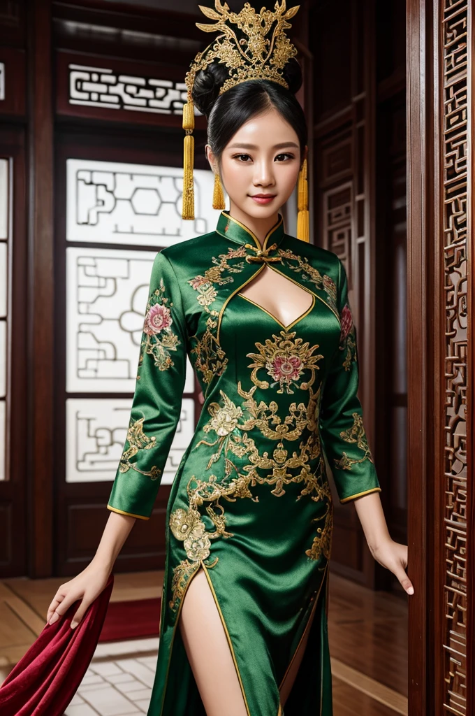an alien creature,intricate cheongsam dress,asian royal room,green skin,barely humanoid,extremely detailed,photorealistic,ultra-detailed,masterpiece,8k,award winning art,dramatic lighting,ornate decor,ancient artifacts,opulent furnishings,silk embroidery,traditional chinese architecture