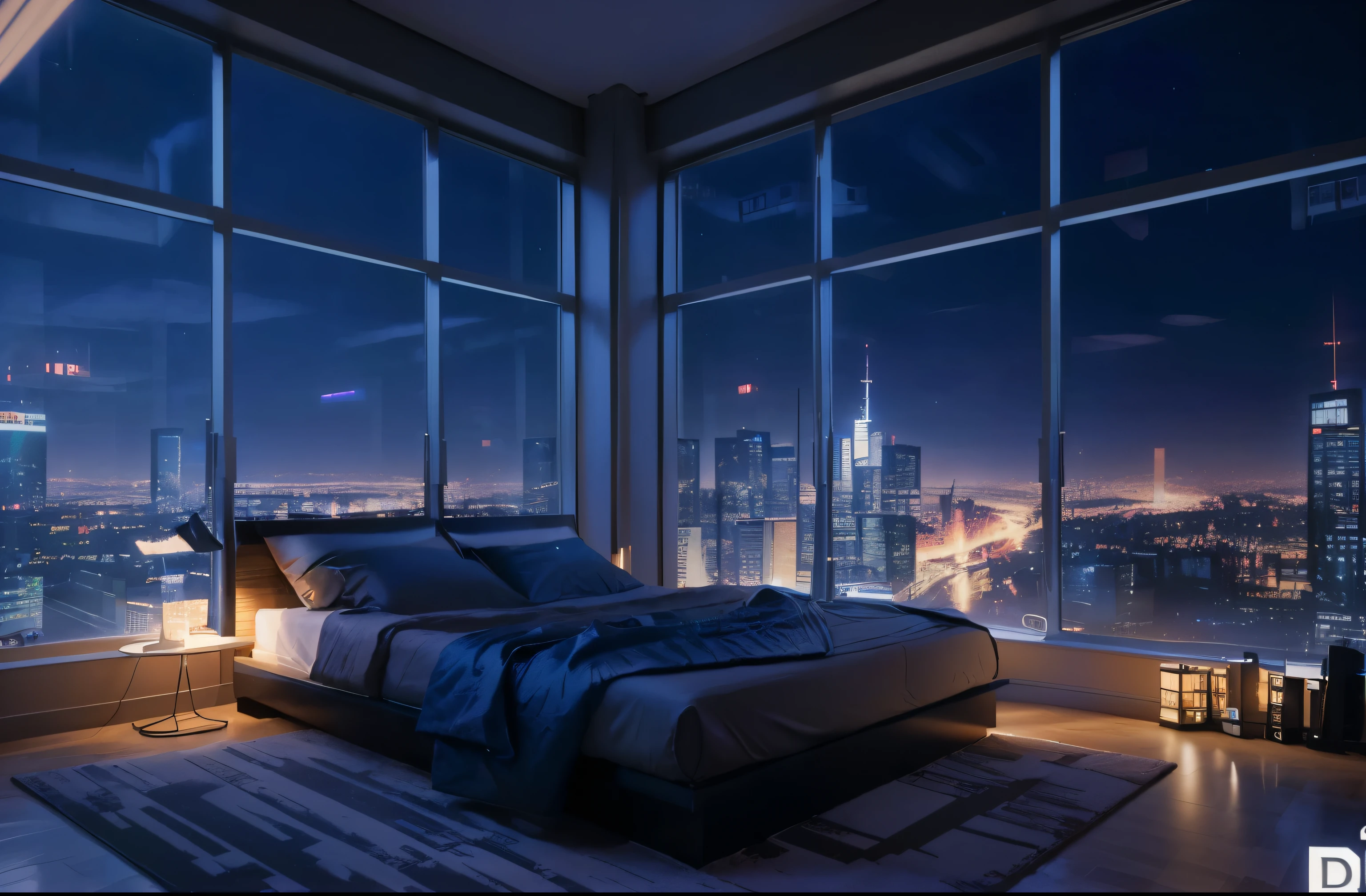 Bedroom view，There is a big window，Overlooking the city, modern nocturnal background, modern photo, Medium shot photo, Super realistic picture, Hyper-realistic photos, night photos, Building photos, Cyberpunk bedroom at night, Landscape photos, Night city background, Hyper-realistic photos, concept photo, beautiful realistic photos, late night melancholy photos, commercial photos. 