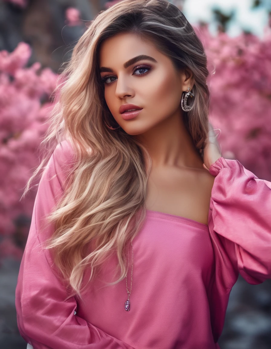 8K, Best Quality, Masterpiece, Ultra High Resolution, (Realism: 1.4), Original Photo, (Realistic Skin Texture: 1.3), (Film Grain: 1.3), (Selfie Angle), 1 Girl, Pink Clothes, Sapphire Color Eyes and Beautiful Face Details, Masterpiece, Best Quality, Close-up, Upper Body Highest Quality Picture Quality Pull-up