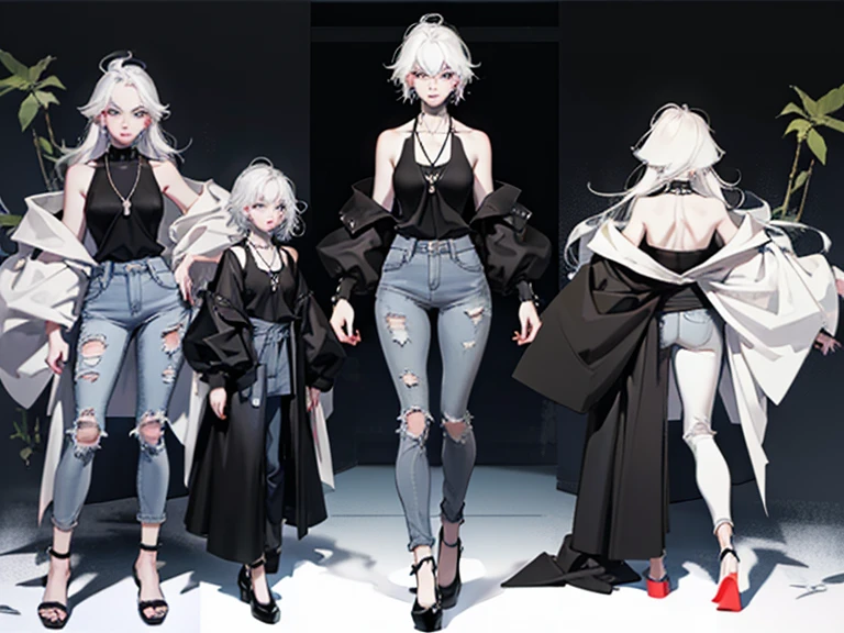 ((full body:1.4)),(black clothing:1.3).Cute 18 yo (albino:1.4)woman of Slavic descent.(short:1.1), , long white hair, gray eyes, ((very pale:1.4)). Innocent look. Gentle spirit.(virgin), (black tank top, jeans,), necklace, (black Mary Janes with straps).(joy),((smile)).Masterpiece, best quality(highly detailed:1.2),(detailed face and eyes:1.2), depth of field, 8k wallpaper, studio lighting, core shadows, high contrast, bokeh.