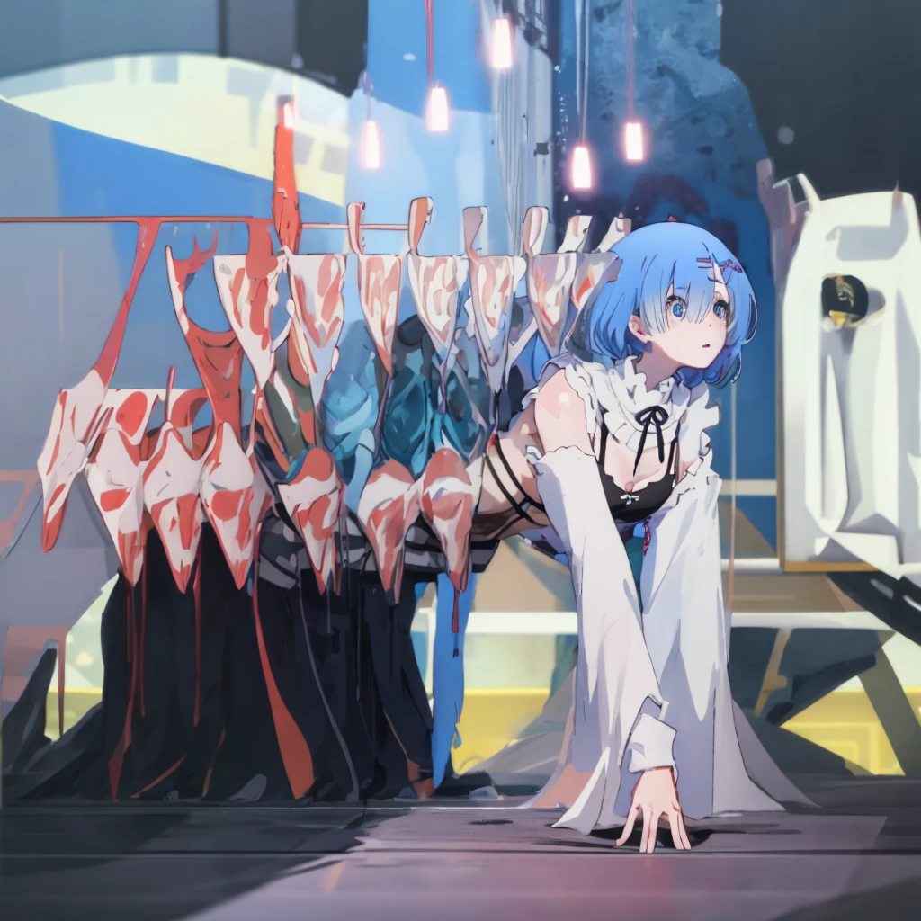 (Masterpiece/Top quality), 1 girl, facing up, (from front: 1.2), (on all fours: 1.2), (from top: 1.2), break girl, casual, gym clothes, jersey worn, school gymnasium, (bra :1.2), chest gap, medium breasts, down blouse, slouching, blue hair, medium breasts (C cup) - light blue eyes, 8K, top quality, masterpiece, super-defined, plump lips.